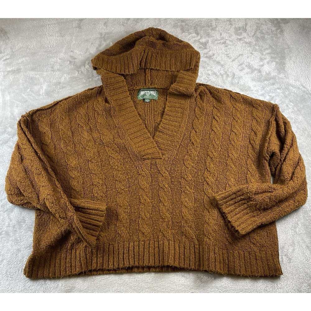 AMERICAN EAGLE Brown Chunky‎ Cable Knit Hooded Pullover Sweater SIZE LARGE